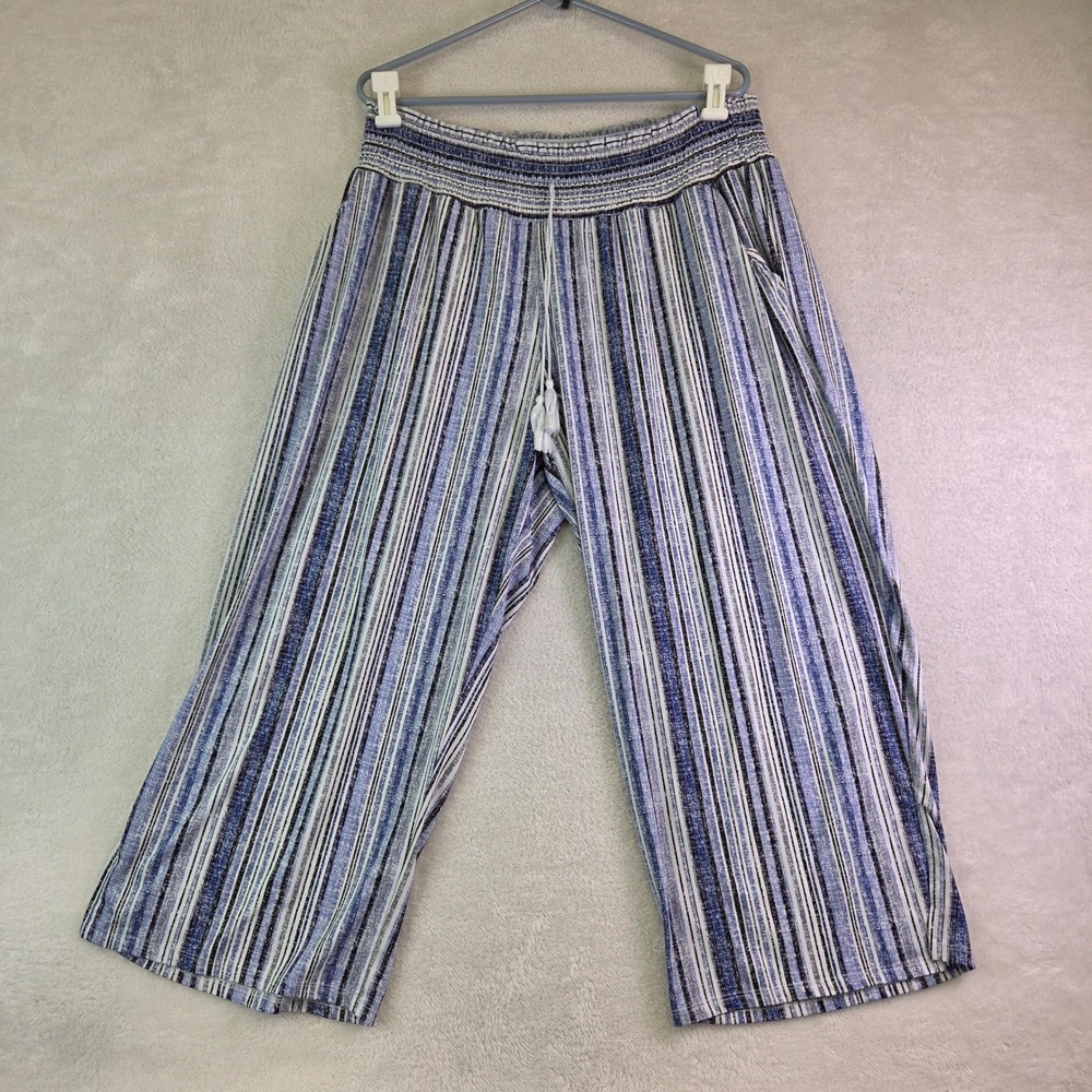 Robert Louis Blue Striped Smocked Waist Tassel Crop Pants Plus Size 3X